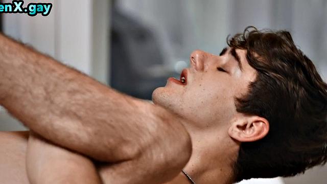 Muscular stud barebacks twink's asshole after BJ