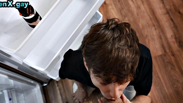 Muscular stud barebacks twink's asshole after BJ