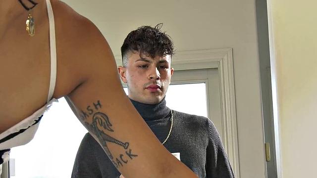 Bigbooty TS cleaning lady in stockings assfuck by boss