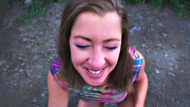 Picked up brunette eurobabe sucks in POV before outdoor sex