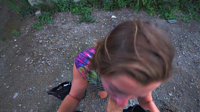Picked up brunette eurobabe sucks in POV before outdoor sex