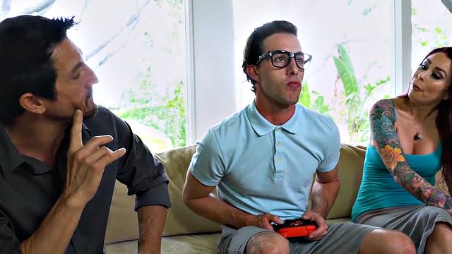 Hugetitted MILF spoils stepson and hubbie