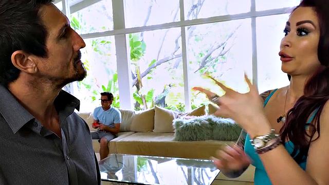 Hugetitted MILF spoils stepson and hubbie