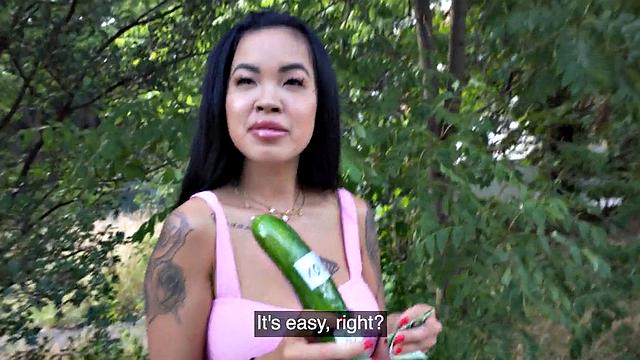 Public cocksucking Asian bae doggystyled by stranger