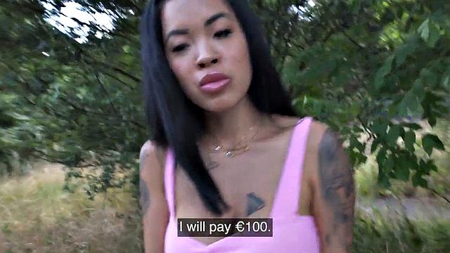 Public cocksucking Asian bae doggystyled by stranger