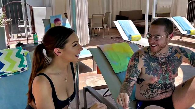 Strapon babe in bikini pegging and eating BF's asshole