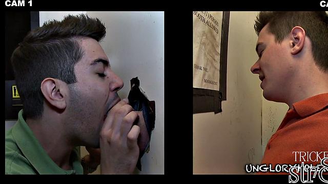 Handsome straight guy at the gloryhole learns why guys do it better