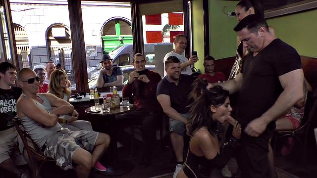 Scandalous nympho slut sucks hard dick at public place