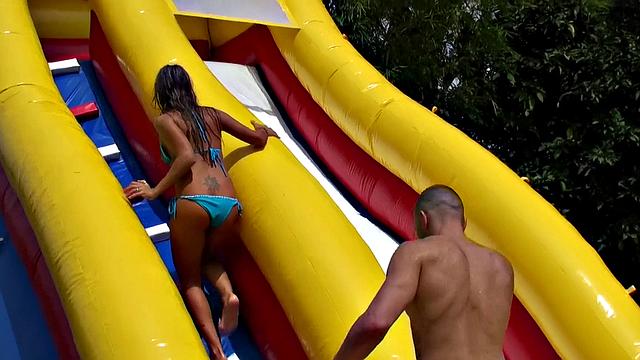 Latina babe with tattoos gets her bald pussy drilled in a wild outdoor group sex