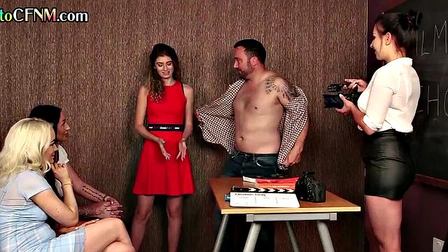 Deepthroating CFNM women wanking cock in the classroom