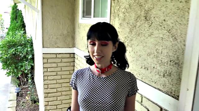 Submissive petite GF deepthroats cock