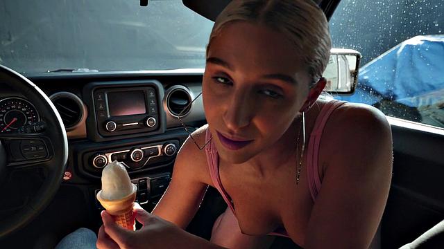 Blonde with small tits gets fucked hard in the outdoors with ice cream in her mouth and pussy