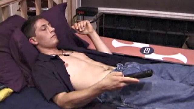 Dakota is on the bed, as he finds a spot in the porn video that stimulates him. After stripping naked, the young man jerks off and fingers his ass, until he explodes all over his chest with a nice warm cum load.