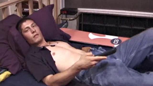 Dakota is on the bed, as he finds a spot in the porn video that stimulates him. After stripping naked, the young man jerks off and fingers his ass, until he explodes all over his chest with a nice warm cum load.