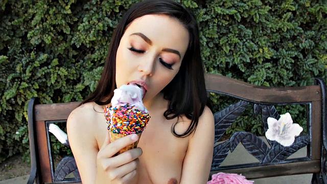 Food Play with Raven-Haired Babe Solo Masturbating