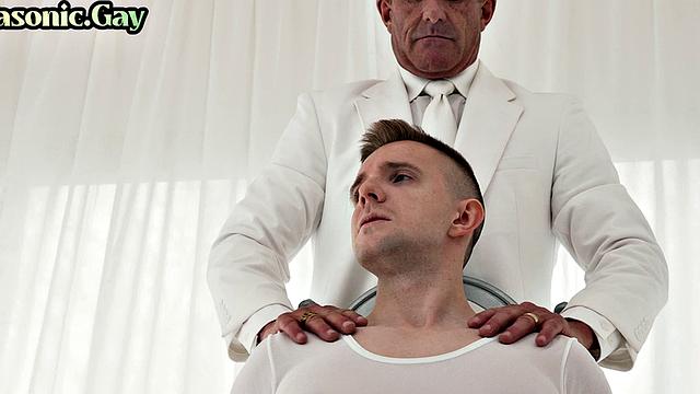 Cult gay mason in suit toys stud's asshole and jerks cock