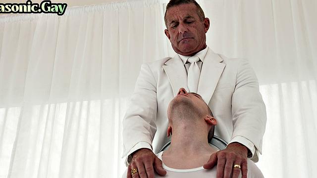 Cult gay mason in suit toys stud's asshole and jerks cock