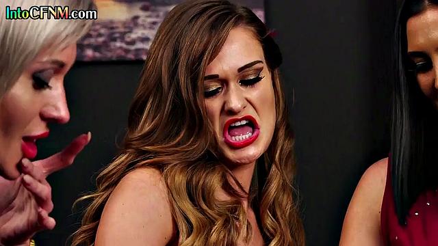 Stunning CFNM babes give blowjob to guy