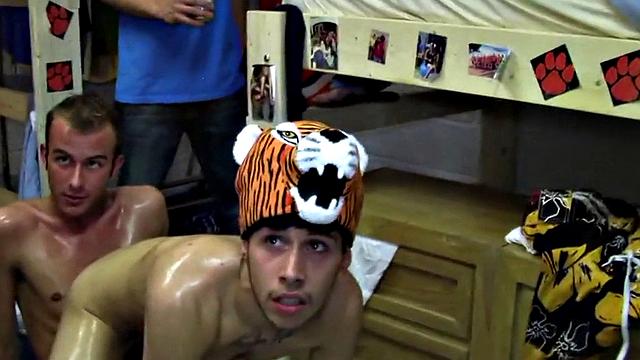 Hazed amateur fucked in college dormitory by fraternity