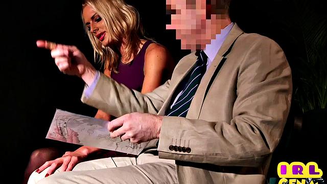 Euro blonde CFNM giving HJ in public