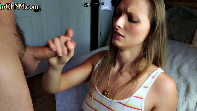 Deepthroat CFNM amateur GF sucks BF's cock at home until cum