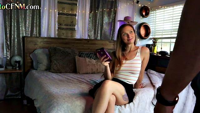 Deepthroat CFNM amateur GF sucks BF's cock at home until cum