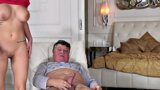 Old grandpa fucks big-titted babe in tight pussy