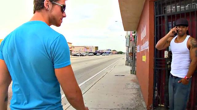 Ebony Jock Takes it in the Ass Outdoors in Public While wearing T-Shirt and Glasses