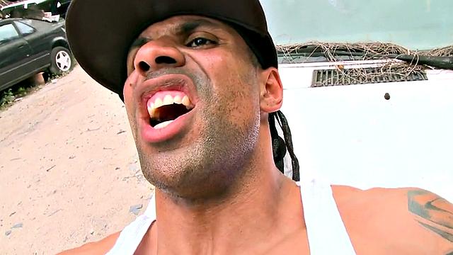 Ebony Jock Takes it in the Ass Outdoors in Public While wearing T-Shirt and Glasses