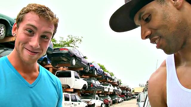 Ebony Jock Takes it in the Ass Outdoors in Public While wearing T-Shirt and Glasses