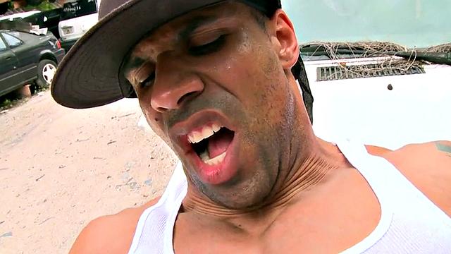 Ebony Jock Takes it in the Ass Outdoors in Public While wearing T-Shirt and Glasses