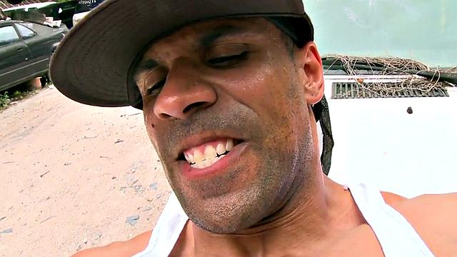 Ebony Jock Takes it in the Ass Outdoors in Public While wearing T-Shirt and Glasses