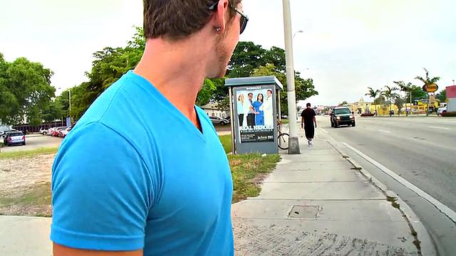 Ebony Jock Takes it in the Ass Outdoors in Public While wearing T-Shirt and Glasses