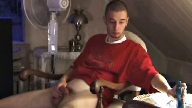 Maverick is feeling horny and wants to jerk off. His dick comes out first and then he loses the clothes. Maverick edges himself closer and closer to climax. When he finally does blow, his warm cum pumps out all over his abs.