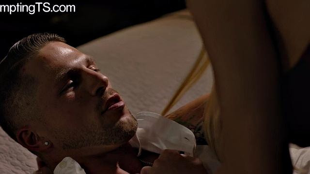 Inked TS blonde babe barebacked by athletic jock