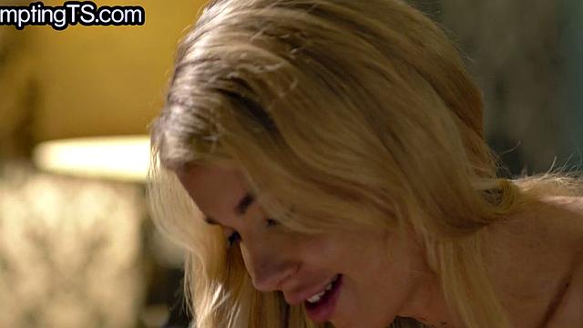 Inked TS blonde babe barebacked by athletic jock