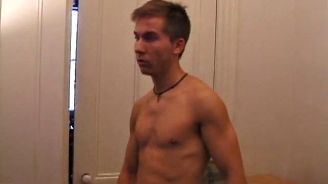 After storing his load for about a week, Brock is back to stroke one out for us. He makes himself at home on the bed, strips naked, and starts working his dick.