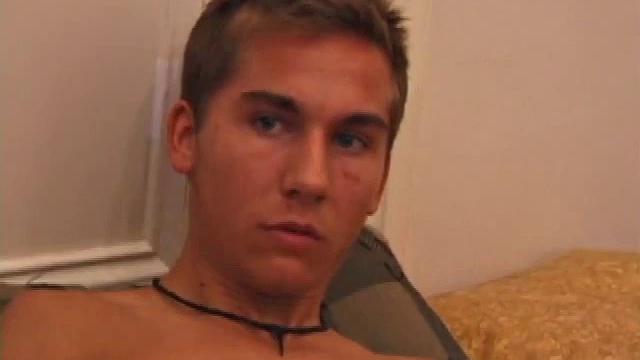 After storing his load for about a week, Brock is back to stroke one out for us. He makes himself at home on the bed, strips naked, and starts working his dick.