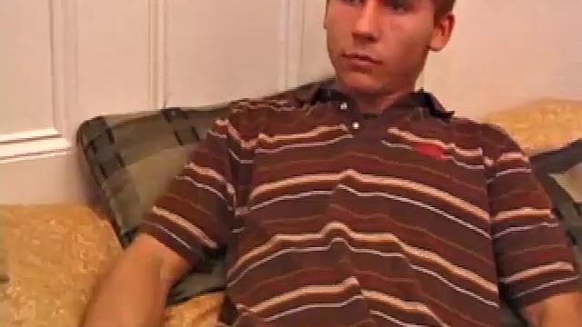 After storing his load for about a week, Brock is back to stroke one out for us. He makes himself at home on the bed, strips naked, and starts working his dick.