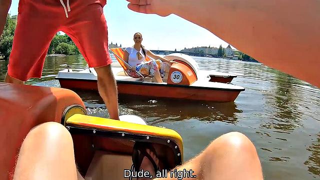 HUNT4K. After fun on catamaran busty beauty sucks hunters dick in forest