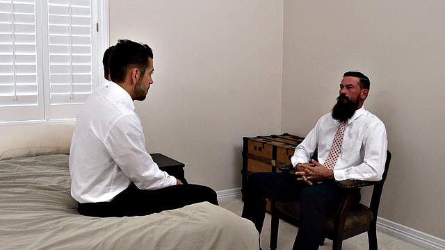Bearded leader tricks two guys into a horny brotherhood ritual-turns out the only oath here involves a lot less clothing