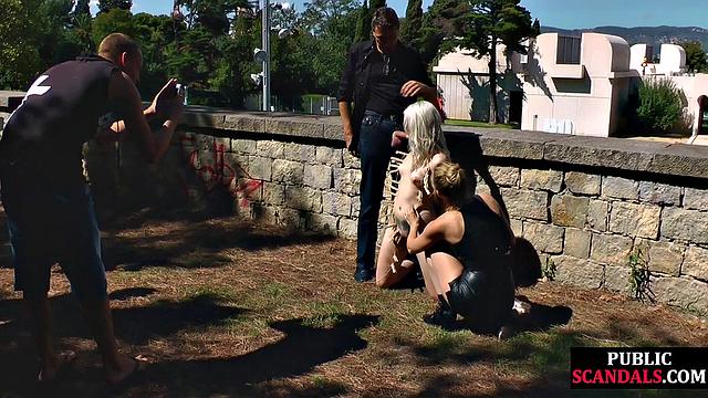 Stunning petite babe cocksucking in public