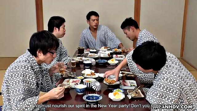 Hikaru Kirishima in her kimono as the hostess of an office orgy