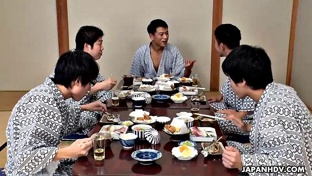 Hikaru Kirishima in her kimono as the hostess of an office orgy