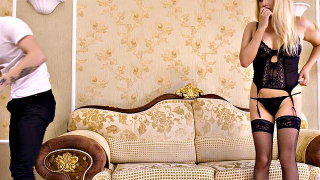 A blonde teen get her tight pussy fingered & fist-fucked by guys in stockings