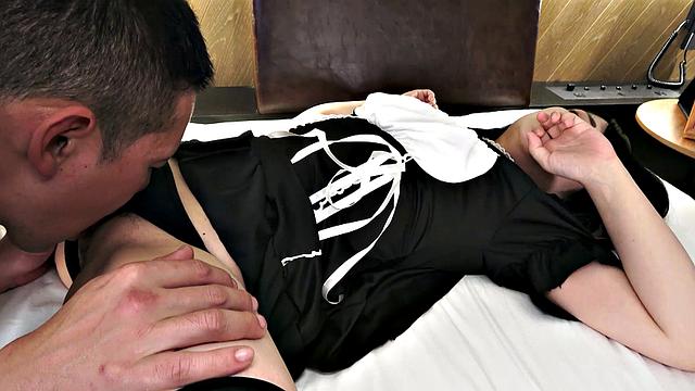 Akane Okawa in a threesome where she gets two dicks to suck on