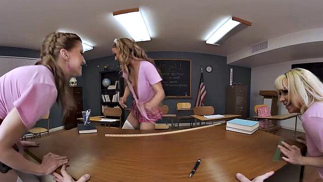 Naughty schoolgirls take turns riding their professor's cock in the classroom