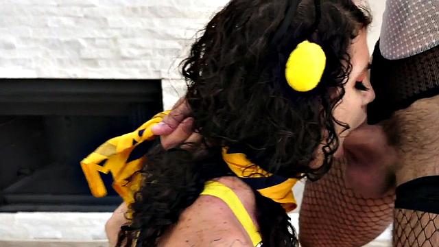 Bisex babe fucked in cosplay 3way as naughty bee