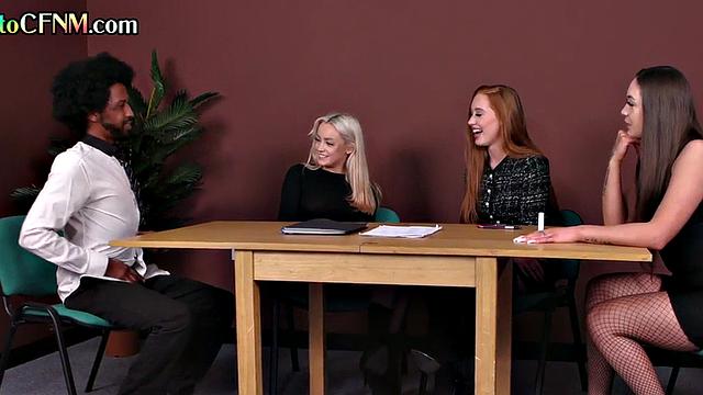 Classy CfNM femdoms give group HJ to lucky black dude