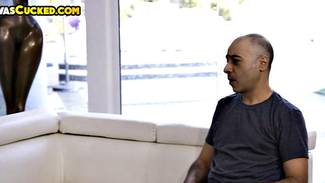 Cuckold hubby watches stunning wife ride and suck BBC